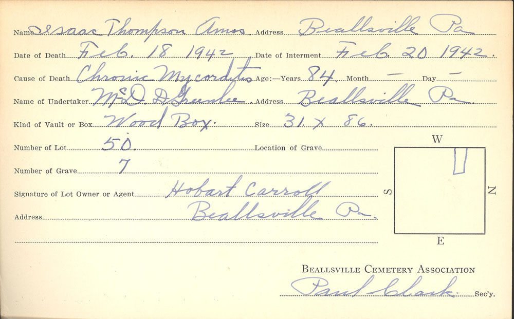 Isaac Thompson Amos burial card